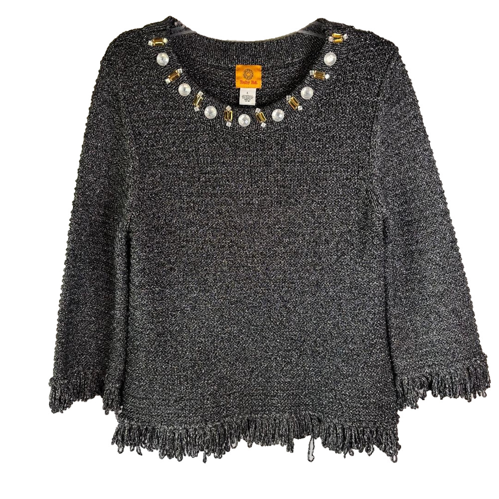 Ruby Rd Sweater Metallic Grey Jewel Neck Fringe Trim Women's Size L‎